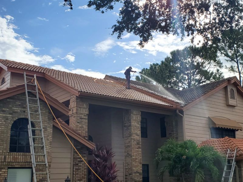 Soft washing a roof for a client in Tampa Bay.